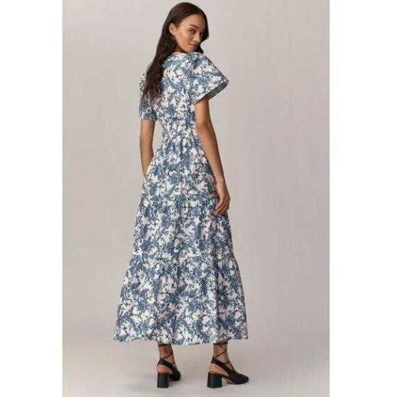 NWT Anthropologie Somerset Maxi in Ivory Blue Fern Floral Tiered Cotton Dress LP - Picture 6 of 6